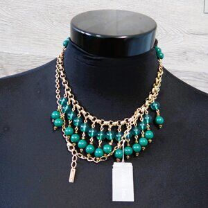 NWT Cookie Lee Green Bead Gold Tone Chain Necklace Women's Fashion Jewelry